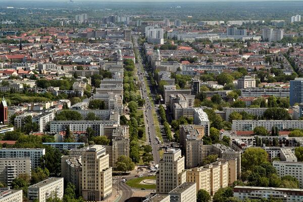 A view of the former Frankfurter Allee, now Karl-Marx-Strasse in central Berlin, Germany, Tuesday, April 29, 2025. (AP Photo/Markus Schreiber)