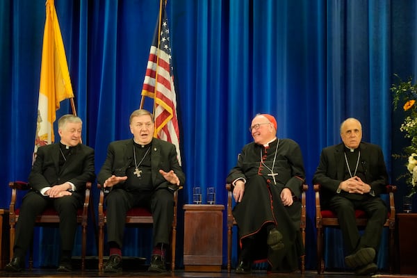 From left, U.S. Cardinals Blase Cupich of Chicago, Joseph Tobin of Newark, Timothy Dolan of NY, and Daniel Di Nardo, archbishop emeritus of Galveston Houston, attend a press conference at the North American College in Rome, Friday, May 9, 2025, one day after U.S. Cardinal Robert Francis Prevost was elected Pope Leo XIV. (AP Photo/Gregorio Borgia)