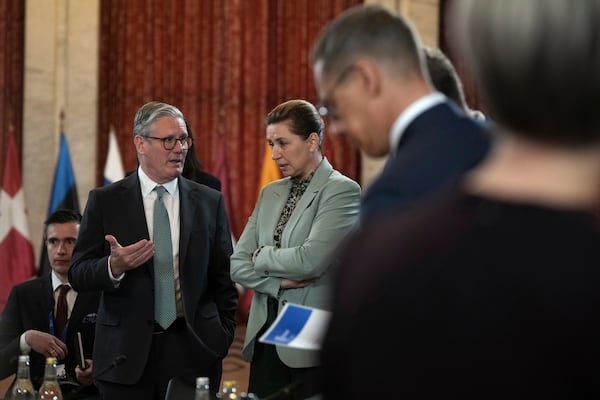 Britain's Prime Minister Keir Starmer talks to Danish Prime Minister Mette Frederiksen during the Joint Expeditionary Force (JEF) Leaders' Summit in Oslo, Friday, May 9, 2025.(AP Photo/Alastair Grant, Pool)