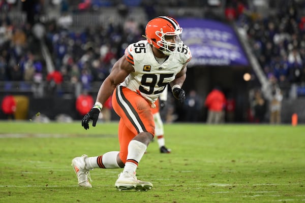 FILE - Cleveland Browns defensive end Myles Garrett (95) in action during the first half of an NFL football game against the Baltimore Ravens, Jan. 4 2025, in Baltimore. (AP Photo/Terrance Williams, file)