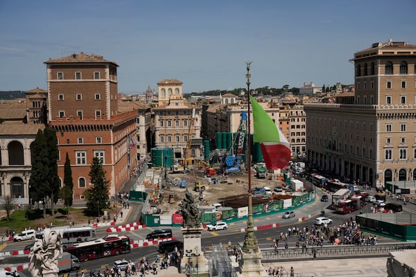 FILE - General view of the construction site of a major underground hub in central Piazza Venezia in Rome, Thursday, May 9, 2024. (AP Photo/Alessandra Tarantino, File)