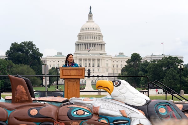 FILE - Interior Secretary Deb Haaland speaks during a totem pole delivery ceremony by Native American tribal leaders and Indigenous activists, on Capitol Hill in Washington, Thursday, July 29, 2021. (AP Photo/Jose Luis Magana, File)