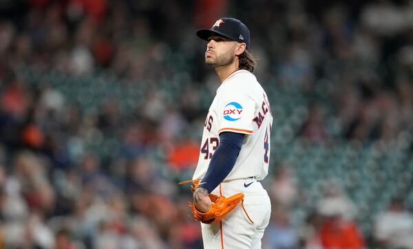 Houston Astros starting pitcher Lance McCullers Jr. reacts after Athletics' Jacob Wilson's home run during the fifth inning of a baseball game, Wednesday, May 28, 2025, in Houston. (AP Photo/Karen Warren)