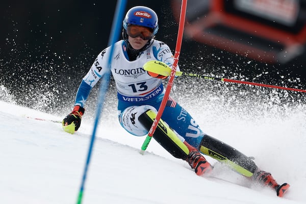 United States' Mikaela Shiffrin competes during in a slalom run of a women's team combined event, at the Alpine Ski World Championships, in Saalbach-Hinterglemm, Austria, Tuesday, Feb. 11, 2025. (AP Photo/Gabriele Facciotti)