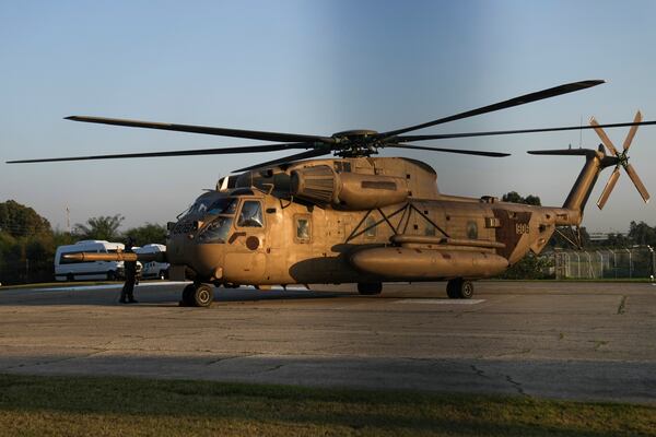 An Israeli military helicopter carrying five Thai hostages released from Gaza lands at Shamir Medical Center (Assaf Harofeh) in Be'er Ya'akov, Israel, Thursday, Jan. 30, 2025. (AP Photo/Maya Alleruzzo)