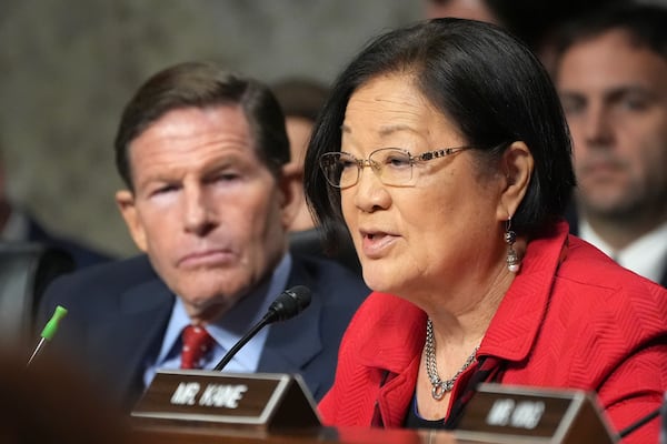 Sen. Mazie Hirono, D-Hawaii, right, speaks at the Senate Armed Services Committee confirmation hearing for Pete Hegseth, President-elect Donald Trump's choice to be Defense secretary, as Sen. Richard Blumenthal, D-Conn., left, listens at the Capitol in Washington, Tuesday, Jan. 14, 2025. (AP Photo/Jacquelyn Martin)