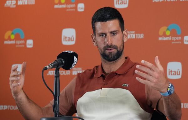 Novak Djokovic, of Serbia, speaks at a news conference at the Miami Open tennis tournament, Thursday, March 20, 2025, in Miami Gardens, Fla. (AP Photo/Lynne Sladky)