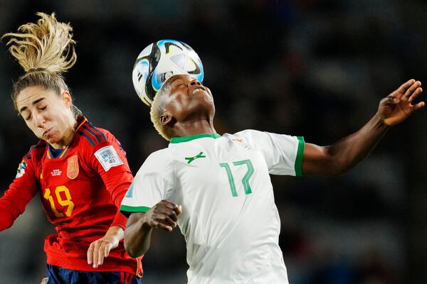 FILE - Zambia's Racheal Kundananji heads the ball during the Women's World Cup Group C soccer match between Spain and Zambia at Eden Park in Auckland, New Zealand, July 26, 2023. (AP Photo/Abbie Parr, File)