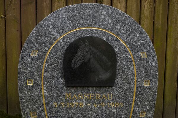 A grave for a horse named "Masserau" is seen at the pet cemetery of Asnieres-sur-Seine, west of Paris, Friday, Feb. 21, 2025. (AP Photo/Michel Euler)