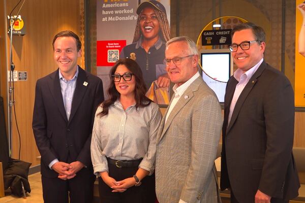 This photo taken from video shows McDonald’s Senior Vice President and Chief Impact Officer of North America Michael Gonda, left, United States Secretary of Labor Lori Chavez-DeRemer, Lt. Gov. of Ohio Jim Tressel and McDonald’s USA President Joe Erlinger inside a McDonald’s restaurant on Monday, May 12, 2025, in Delaware, Ohio. (AP Photo)