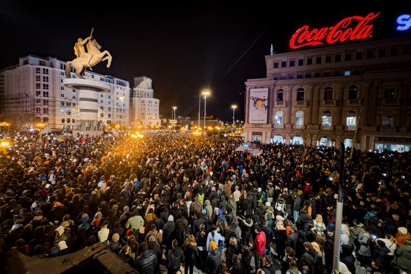 Thousands gather in protest for the victims of a massive nightclub fire in the town of Kocani, in Skopje, North Macedonia, Tuesday, March 18, 2025. (AP Photo/Florent Bajrami)