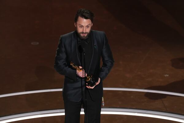 Kieran Culkin accepts the award for best performance by an actor in a supporting role for "A Real Pain" during the Oscars on Sunday, March 2, 2025, at the Dolby Theatre in Los Angeles. (AP Photo/Chris Pizzello)