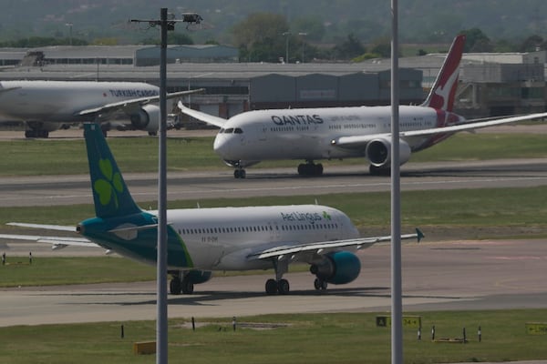 FILE - Airplanes are seen at the Heathrow Airport in London, May 27, 2023. (AP Photo/Kin Cheung, File)