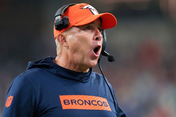 FILE - Denver Broncos head coach Sean Payton yells from the sideline during the second half an NFL football game against the Los Angeles Chargers, Thursday, Dec. 19, 2024, in Inglewood, Calif. (AP Photo/Eric Thayer, File)