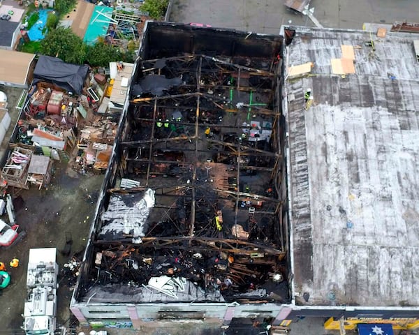 FILE - This undated file photo provided by the City of Oakland shows the burned warehouse after the deadly fire that broke out on Dec. 2, 2016, in Oakland, Calif. (City of Oakland via AP, File)