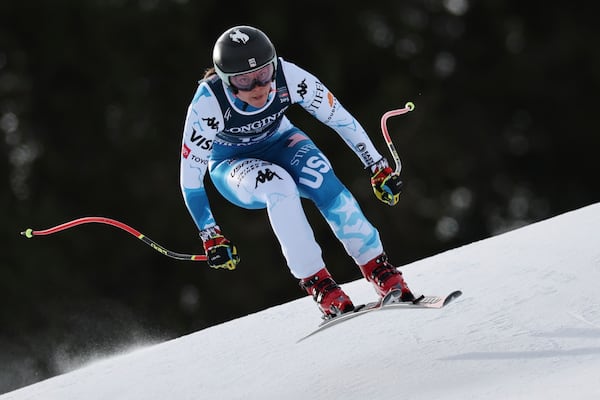 United States' Breezy Johnson competes in a downhill run of a women's team combined event, at the Alpine Ski World Championships, in Saalbach-Hinterglemm, Austria, Tuesday, Feb. 11, 2025. (AP Photo/Marco Trovati)