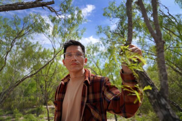 Yankton Sioux and Apache tribal member Adrian Primeaux, stands for a portrait at the Indigenous Peyote Conservation Initiative, a spiritual homesite and peyote conservation site for Native American Church members on 605 acres of land in the peyote gardens of South Texas, Monday, March 25, 2024, in Hebbronville, Texas. (AP Photo/Jessie Wardarski)