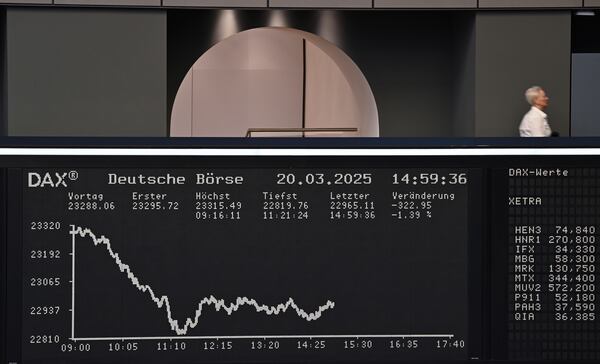 The display board with the Dax curve in the trading hall of the Frankfurt Stock Exchange, Germany, Thursday, March 20, 2025. (Arne Dedert/dpa/dpa via AP)