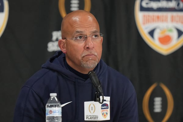 Penn State head coach James Franklin listens to a question after the Orange Bowl College Football Playoff semifinal game against Notre Dame, Thursday, Jan. 9, 2025, in Miami Gardens, Fla. (AP Photo/Lynne Sladky)