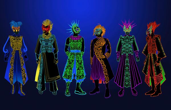 This rendering shows costume designs by Anita Yavich for the six brothers of Erlang for “The Monkey King,” composed by Huang Ruo, and premiering at San Francisco Opera. (Anita Yavich via AP)