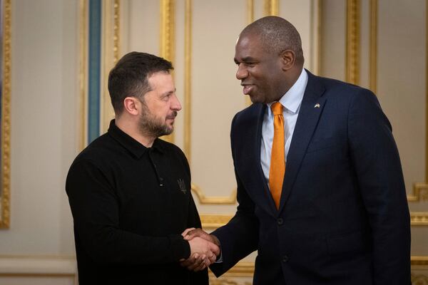 Britain's Foreign Secretary David Lammy is greeted by Ukraine's President Volodymyr Zelenskyy during their meeting in Kyiv, Ukraine, Wednesday, Feb. 5, 2025. (AP Photo/Efrem Lukatsky)