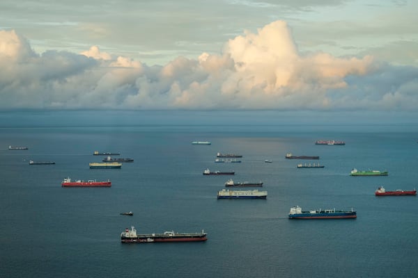 FILE - Cargo ships wait to transit the Panama Canal in Panama City, on June 28, 2024. (AP Photo/Matias Delacroix, File)