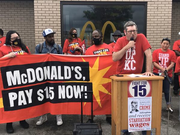 Richard Eiker speaks in support of a strike by fast food workers advocating for a $15 an hour minimum wage outside a McDonald's restaurant in Kansas City, Mo., May 19, 2021. (Aditi Ramaswami/Missouri Workers Center via AP)