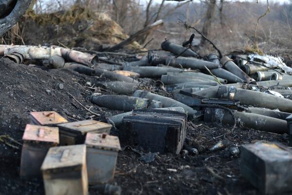 In this photo distributed by Russian Defense Ministry Press Service on Friday, March 14, 2025, Abandoned Ukrainian ammunition lie at an area in the Kursk region of Russia after it was taken over by Russian troops. (Russian Defense Ministry Press Service via AP)