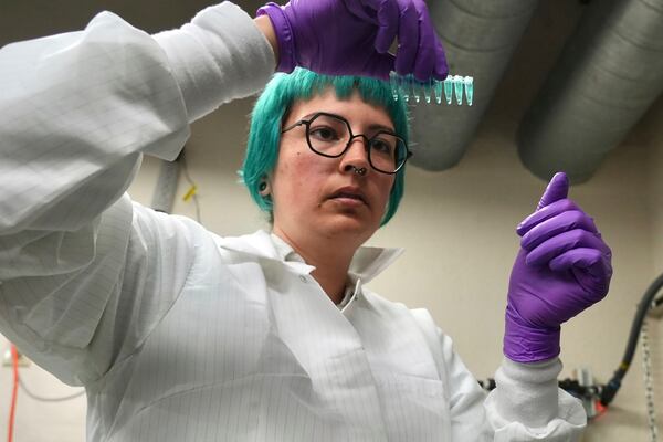 Kendra Dahmer, a postdoctoral researcher studying infectious disease, works in a laboratory at the University of California, Berkeley, in Berkeley, Calif., Monday, Feb. 3, 2025. (AP Photo/Terry Chea)