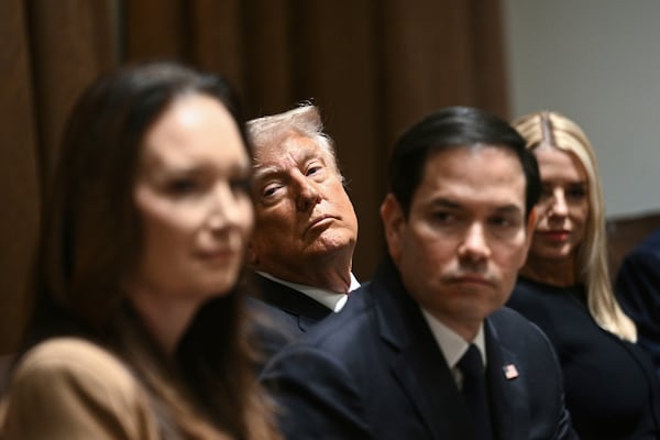 Secretary of Agriculture Brooke Rollins, from left, President Donald Trump, Secretary of State Marco Rubio and Attorney General Pam Bondi attend a cabinet meeting in the White House, Monday, March 24, 2025, in Washington. (Pool via AP)