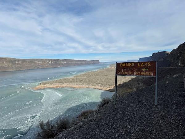 Banks Lake on Friday, Feb. 28, 2025, is a 27-mile-long reservoir created by water pump from the Grand Coulee Dam, run by the Department of Reclamation. (AP Photos/Martha Bellisle)