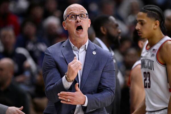 UConn head coach Dan Hurley reacts in the first half of an NCAA college basketball game against St. John's , Friday, Feb. 7, 2025, in Storrs, Conn. (AP Photo/Jessica Hill)