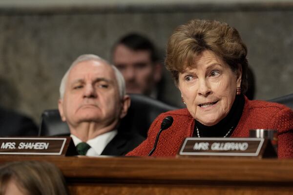 Sen. Jeanne Shaheen, D-N.H., speaks during the Senate Armed Services Committee confirmation hearing for Pete Hegseth, President-elect Donald Trump's choice to be Defense secretary, at the Capitol in Washington, Tuesday, Jan. 14, 2025, as Sen. Jack Reed, D-R.I., the committee ranking member, looks on. (AP Photo/J. Scott Applewhite)