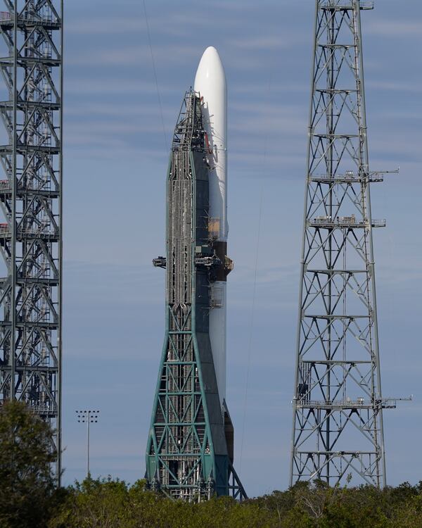 The Blue Origin New Glenn rocket stands ready on Launch Complex 36 at the Cape Canaveral Space Force Station, Saturday, Jan. 11, 2025, in Cape Canaveral, Fla. (AP Photo/John Raoux)