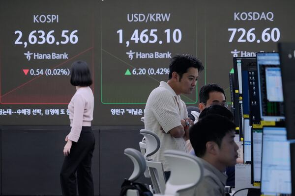 Currency traders work near a screen showing the Korea Composite Stock Price Index (KOSPI), top left, and the foreign exchange rate between U.S. dollar and South Korean won, top center, at the foreign exchange dealing room of the KEB Hana Bank headquarters in Seoul, South Korea, Friday, March 21, 2025. (AP Photo/Ahn Young-joon)