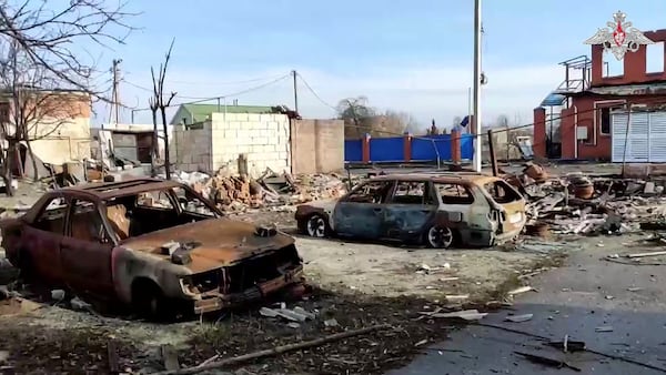 In this photo taken from video distributed by Russian Defense Ministry Press Service on Thursday, March 13, 2025, a view of Sudzha, the biggest town in the Kursk region of Russia after it was taken over by Russian troops. (Russian Defense Ministry Press Service via AP)