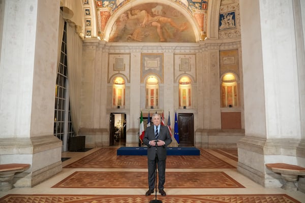 Italian Foreign Minister Antonio Tajani speaks to the media a he arrives for a meeting at Rome's Villa Madama, Thursday, Jan. 9, 2025 on the situation in Syria after the collapse of the Assad regime. (AP Photo/Andrew Medichini