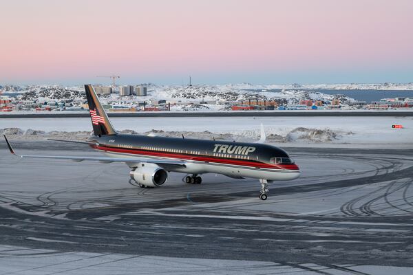 A plane carrying Donald Trump Jr. lands in Nuuk, Greenland, Tuesday, Jan. 7, 2025. (Emil Stach/Ritzau Scanpix via AP)