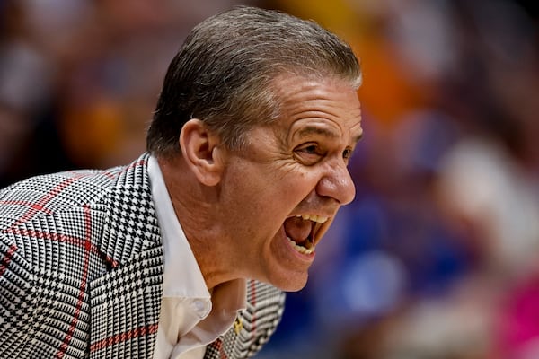 Arkansas head coach John Calipari speaks during the second half of an NCAA college basketball game against Mississippi at the Southeastern Conference tournament, Thursday, March 13, 2025, in Nashville, Tenn. (AP Photo/Wade Payne)