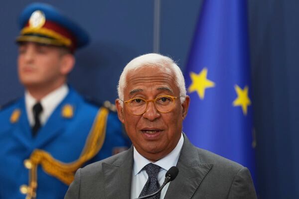 European Council President Antonio Costa speaks during a press conference after talks with Serbian President Aleksandar Vucic at the Serbia Palace in Belgrade, Serbia, Tuesday, May 13, 2025. (AP Photo/Darko Vojinovic)