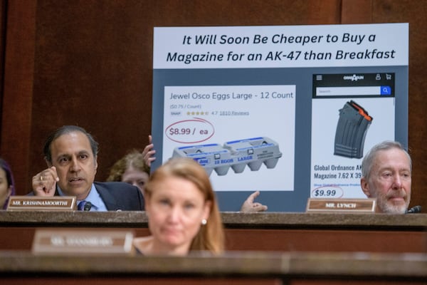 Rep. Raja Krishnamoorthi, D-Ill., questions the witnesses during a House Committee on Oversight and Government Reform hearing with Sanctuary City Mayors on Capitol Hill, Wednesday, March 5, 2025, in Washington. (AP Photo/Rod Lamkey, Jr.)