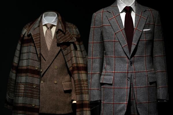 Designs by Jeffrey Banks, left, and Morty Sills are displayed at the Metropolitan Museum of Art's Costume Institute exhibition, "Superfine: Tailoring Black Style," on Saturday, May 3, 2025, in New York. (Photo by Charles Sykes/Invision/AP)