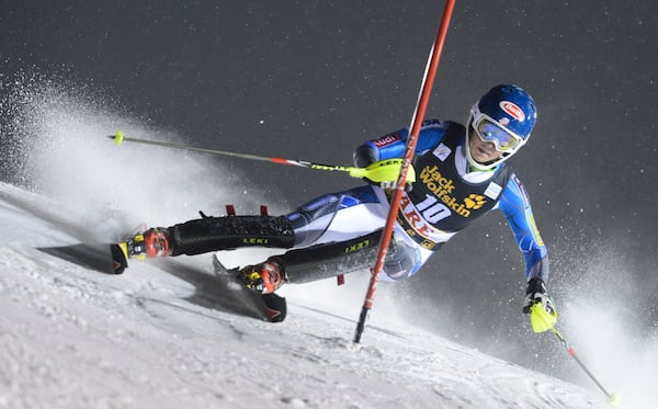 FILE - Mikaela Shiffrin, of the United States, skis on her way to win an alpine ski, women's World Cup slalom, in Are, Sweden, Thursday, Dec. 20, 2012. (AP Photo/Giovanni Auletta, File)