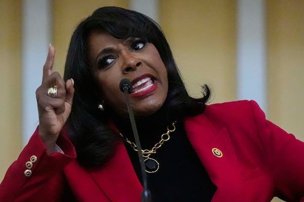 U. S. Rep Terri Sewell, R-Ala., speaks at the Tabernacle Baptist Church during the 60th anniversary of the march to ensure that African Americans could exercise their constitutional right to vote, Sunday, March 9, 2025, in Selma, Ala. (AP Photo/Mike Stewart)