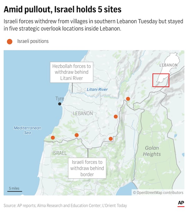 As Israeli forces withdraw from southern Lebanon to meet a deadline, the military remains in five strategic positions. (AP Digital Embed)