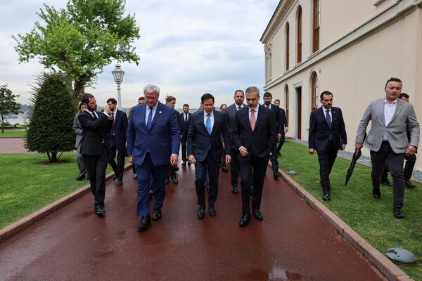 In this handout photo released by Turkish Foreign Ministry, front from left, Ukraine's Foreign Minister Andrii Sybiha, U.S. Secretary of State Marco Rubio and Turkish Foreign Minister Hakan Fidan arrive for a meeting at Dolmabahce palace in Istanbul, Turkey, Friday, May 16, 2025. (Turkish Foreign Ministry via AP)