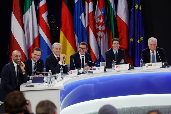 From right: Lithuania's President Gitanas Nauseda, Canada's Prime Minister Justin Trudeau, Estonia's Prime Minister Kristen Michal, Norway's Prime Minister Jonas Gahr Stoere, Sweden's Prime Minister Ulf Kristersson and French Minister Delegate for European Affairs Benjamin Haddad attend a press conference after the "Support Ukraine" summit, marking the third anniversary of the Russian invasion, in Kyiv, Ukraine, Feb. 24, 2025. (Gleb Garanich/Pool Photo via AP)