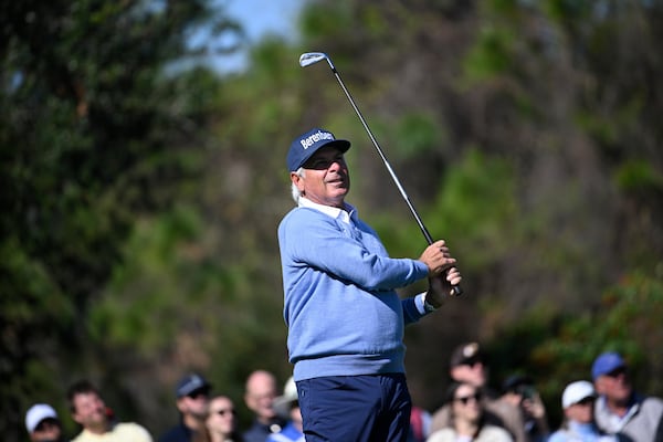 Fred Couples watches his tee shot on the fourth hole during the first round of the PNC Championship golf tournament, Saturday, Dec. 21, 2024 in Orlando. (AP Photo/Phelan M. Ebenhack)