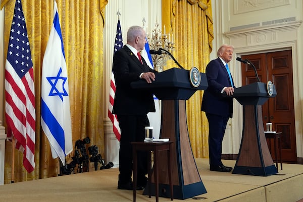 President Donald Trump and Israel's Prime Minister Benjamin Netanyahu participate in a news conference in the East Room of the White House, Tuesday, Feb. 4, 2025, in Washington. (AP Photo/Evan Vucci)