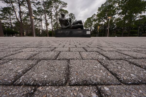 Reclining Mother And Child, bronze, 1976, by Henry Moore, greets visitors at the Sydney and Walda Besthoff Sculpture Garden in City Park in New Orleans, Wednesday, Jan. 29, 2025. (AP Photo/Gerald Herbert)